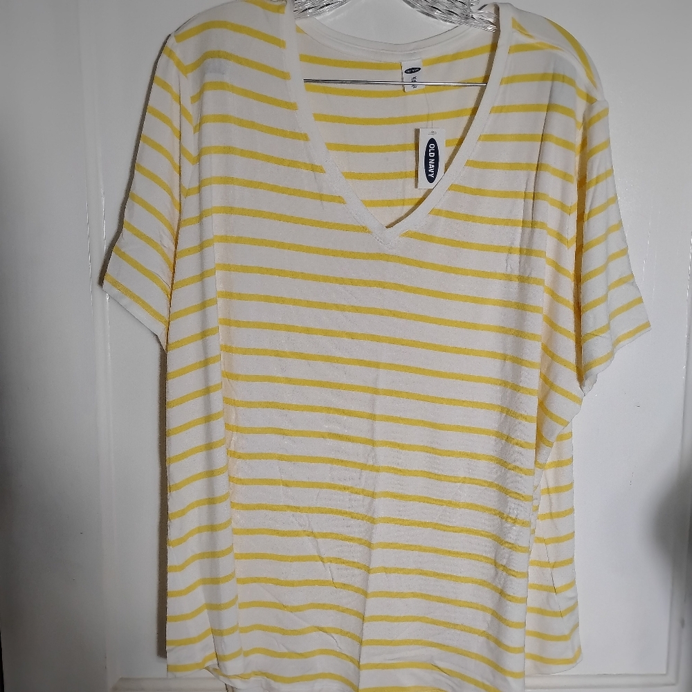 Old Navy Brand Ladies Yellow and White Striped Hi-Low Top Short Sleeve